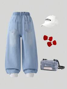 1pc Young Girl Casual Minimalist Daily White Petal Trim Light Blue Washed Denim Jeans, Autumn/Winter New - Light Wash - View 2