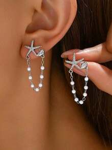 1 Pair Delicate Women Earrings With Random Pearl, & Design,Unique Earrings Suitable Party, Gifts, Everyday Wear - Bạc - Xem 3