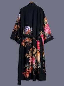 印花中长款七分袖和服式罩衫薄款外套，优雅休闲宽松女式外套，适合街头、海滩、旅行、度假等场合，轻便舒适，附赠腰带，黑色春季款 - 黑色 - 查看 3