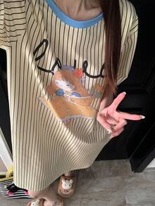 女士条纹黄色卡通拼接休闲圆领睡裙，适合春夏穿着 - 黃色 - 查看 5