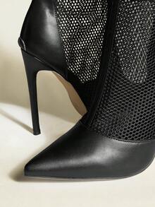 Sexy Fashion Party Mesh Patchwork Back Zipper Pointed Toe High Heel Ankle Boots - Black - View 5