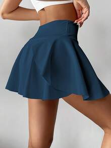 高腰白色网球裙裤，二合一防闪光高尔夫/羽毛球/健身短裙，带口袋，夏季运动裙裤，适合瑜伽、户外跑步，新款女装 - 水鴨藍 - 查看 3