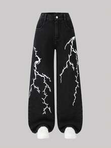 男童休闲街头风闪电雪花印花水洗黑色直筒牛仔裤，春夏新款 - 黑色 - 查看 2