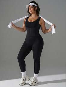 Zimi Collection 1XL-4XL Plus Size Seamless Shapewear Jumpsuit | Black Adjustable Front Buckle Tummy Control Waist Trainer Workout Bodysuit For Gym Daily Wear Under Dresses - Black - View 7