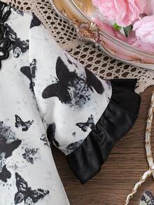Girls Toddler Butterfly Pattern Ruffle Trim Short Sleeve Lace Decor Dress, Summer - Black - View 6