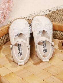 1 Pair Girls' Sweet Pearl Lace Princess Shoes, Soft Sole Anti-Slip, Versatile Breathable Performance Shoes - Beige - View 3