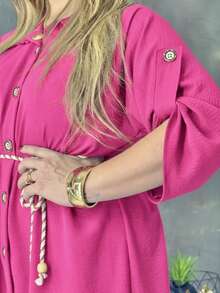 Midi Shirt Dress With Belt, Polo Collar And Lapel On The Sleeve - 玫紅色 - 查看 2