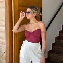 Antonella Premium Polyamide Top, Wrap Style, Luna Fashion, Party, Summer, High Versatility, Perfect Fit, Fabric, Backless, Asymmetrical Strapless Top, Night. - Redwood - View 3