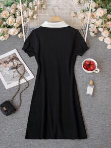 夏季黑白撞色针织迷你连衣裙 - 优雅纯正的Yurty甜美休闲学院风街头Y2K短袖彼得潘领蝴蝶结装饰荷叶边袖口修身A字女装连衣裙及上衣 | 适合年轻女士、甜美女孩、Y2K女孩和性感女孩，完美适用于情人节/妇女节/母亲节/休闲聚会/海滩度假/派对聚会/返校季/婚礼季/音乐节/2026春季学院风针织连衣裙 - 黑色 - 查看 9