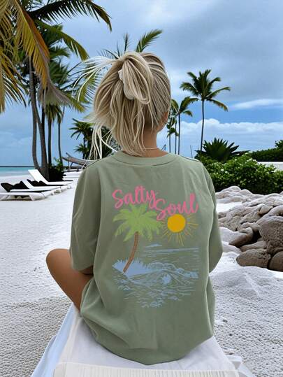 Camiseta de mujer de manga corta y cuello redondo con estampado de playa y gráfico de letras, top casual y versátil, uso diario con estilo