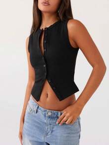 Women Y2k Button Down Tank Tops Casual Summer Ribbed Sleeveless Tees Shirts Basic Slim Fit Vest Shirts Aesthetic Crop Tops Streetwear - 黑色 - 查看 3