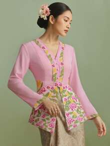 Nyonya Kebaya，女士 Kebaya，传统土生华人服装，优雅刺绣长袖衬衫夹克，粉色上衣，开斋节服装 - 粉色 - 查看 4