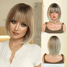 7JHH WIGS 女士短款亚麻金挑染灰色波波头假发，短直发带刘海，全机织耐热假发，适合日常派对、音乐节庆典和角色扮演等场合佩戴，12英寸 - 亞麻金 - 查看 13