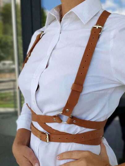1pc Women's Brown Leather Binding Waist Belt, Solid Color Sexy Shirt Body Harness, Accessory For Daily Outfit