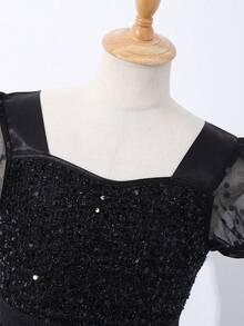 Summer Girls' Fashionable & Elegant Sequins Embellished Mesh Patchwork Dress - Black - View 3