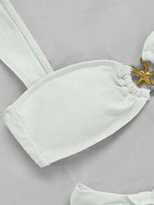 女士Y2K比基尼套装，上衣饰有海星环吊带，下装为丁字裤。比基尼浪漫时尚，适合泳池派对、沙滩派对、下午茶、野餐以及海滩活动、聚会和日常穿着。 - 白色 - 查看 3