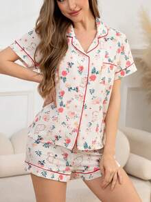 Floral Print Contrast Piping PJ Set - Multicolor - View 4