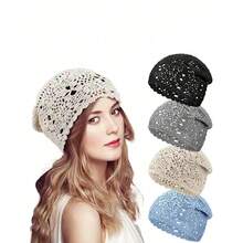 Vintage Flower Crochet Beanie Solid Color Hollow Out Breathable Knit Hats Elegant Skull Cap Beanies For Women Female - Nhiều màu - Xem 12