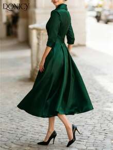 DONICY Đầm sơ mi dài tay cổ chéo sang trọng, ôm dáng dành cho nữ mùa thu/đông, chất liệu satin cao cấp, thích hợp cho hẹn hò, tiệc tùng, sự kiện kinh doanh và đi làm. - màu xanh lá - Xem 3