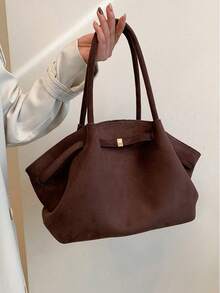 Dedoo 1pc Faux Suede Tote Bag, Large Capacity Solid Color Mature Elegant Ladies Handbag, Retro Style Work Bag, Suitable For Girls, Women, College Students, Office Workers - 棕色 - 查看 1