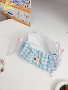 Korean Ins Style Drawstring Tissue Box, Blue & White Plaid Fabric Storage Bag, Atmosphere Decor For Desk, Suitable For Coffee Table, Dining Table, Car - Simple & Fashionable Home Essential - Multicolor - View 8