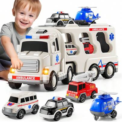 HENGPHY Juguete de vehículo de ambulancia 5 en 1 para niños de 3 a 6 años, juego de camiones de transporte con fricción, con luz y sonido, que incluye helicóptero, camión de bomberos, coche de ambulancia, regalos de Navidad y cumpleaños para niños y niñas de 3 a 9 años