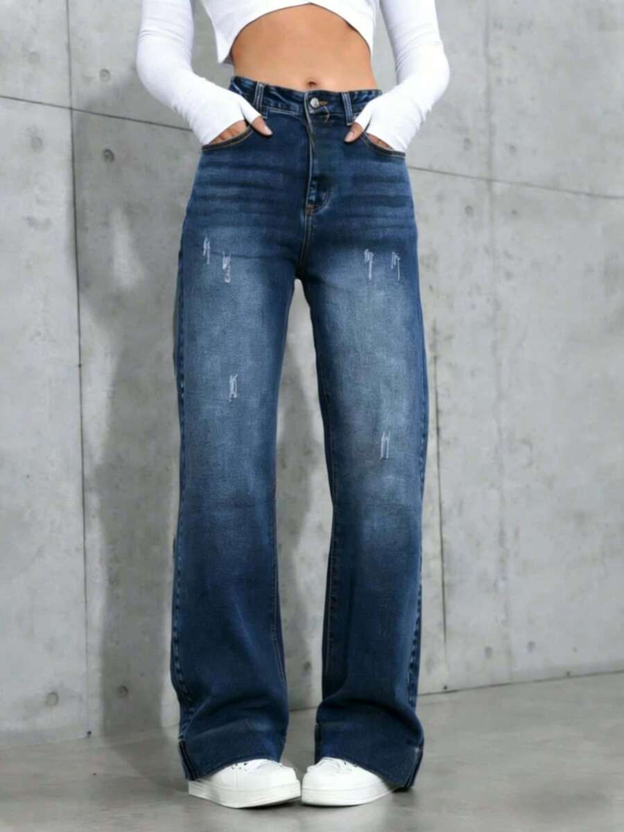 2026New Girls' Mid Waist Straight Tube Washed Grey Blue Women's Jeans And Pants, Personalized Flower Grinding, Water Washing Technology,  Fashionable Daily Wear, Multiple Pockets, Comfortable And Casual Pants, Suitable For All Seasons, Essential For Women's Wardrobes - xám xanh - Xem 1
