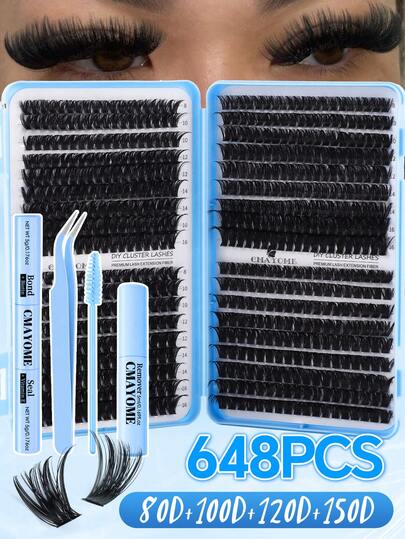 648/666/720片装高容量D型卷翘簇状假睫毛套装，适合初学者，DIY分段式假睫毛，含粘合剂和密封剂，卸妆液，镊子，睫毛刷，浓密蓬松混合型，家用DIY假睫毛套装，打造柔软自然妆效，蓬松单根假睫毛册及工具齐全，适合日常通勤、婚礼、约会、派对、音乐节、旅行、户外妆容等场合，大容量，满足不同眼妆需求。