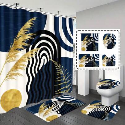 [Popular Choice] 1pc/4pcs Bathroom Shower Curtain Set, Bathroom Decor, Abstract Geometric Pattern, Bohemian Theme, Bathroom Mat, Gift, Includes 12 Hooks