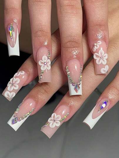 24pcs French White Flower Rhinestone Acrylic Press-On Nails, Medium Square Shape, Includes 1pc Jelly Gel And 1pc Nail File, Suitable For Women & Girls For Daily, Holiday And Party Use