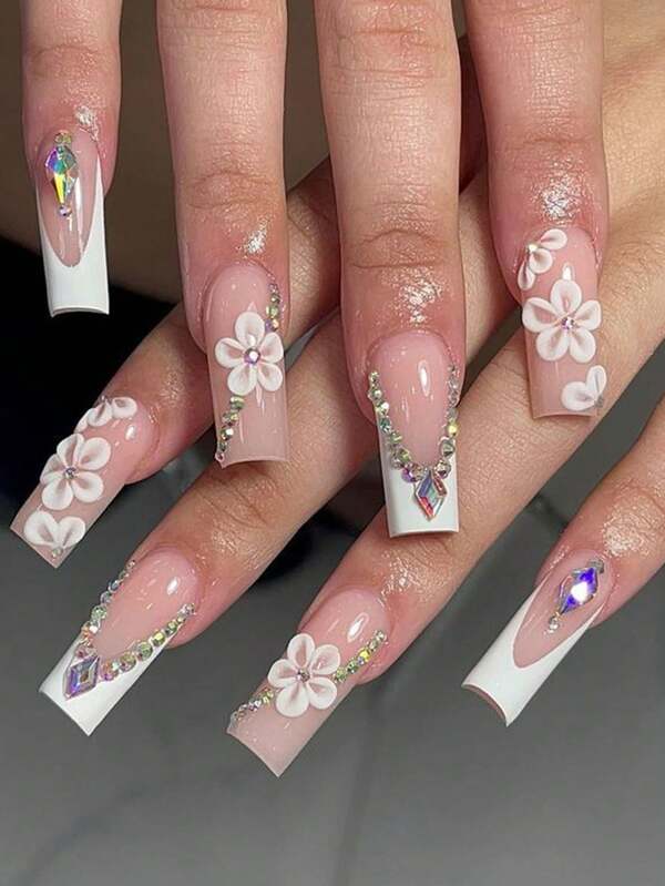 24pcs French White Flower Rhinestone Acrylic Press-On Nails, Medium Square Shape, Includes 1pc Jelly Gel And 1pc Nail File, Suitable For Women & Girls For Daily, Holiday And Party Use