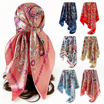 Patchwork Paisley Scarf, Satin Oversized Head Wrap, Artistic Printed Square For Women  C71-16