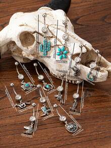 1件西部牛仔风格肚脐环，牛仔帽、牛仔靴、西部马肚脐钉，蓝色绿松石装饰西部肚脐不锈钢人体穿刺饰品 - 彩色 - 查看 11