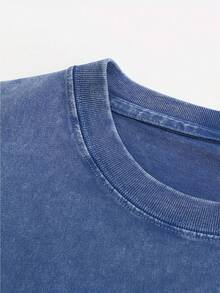 Men's Pattern Washed T-Shirt - Double Sided Printing, 100% Cotton, Short Sleeved, Summer Casual T-Shirt, Black With White Star Design, Loose Fit, Machine Washable, Daily T-Shirt | Loose Fit Shirt | 100% Cotton T-Shirt, Cotton T-Shirt - 寶藍色 - 查看 2