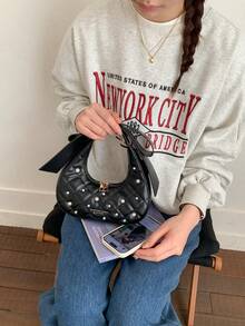 Fashionable Bowknot Rhombus Pearl Shoulder Underarm Bag, Handbag & Crossbody Bag For Women - Black - View 3