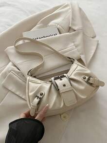 1pc Women's Vintage Riding Style Rivet Adjustable Strap Crossbody Bag, Large Capacity Soft Gradient Color Shoulder/Underarm Bag, Suitable For Work, Date, Party, Shopping, Wallet Storage, Suitable For Young Women, College Students, New White-Collar Workers, Office Workers. Very Suitable For Office, Campus, Work, Business, Commute, Outdoor Activities, Travel And Outings - Beige - View 5
