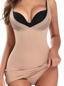 1pc Seamless Bodycon Dress, Knitted Fabric, Comfortable Fit, Tummy Control, Butt Lift, Waist Cinching, Body Shaping, Adjustable Straps - Coffee Brown - View 2