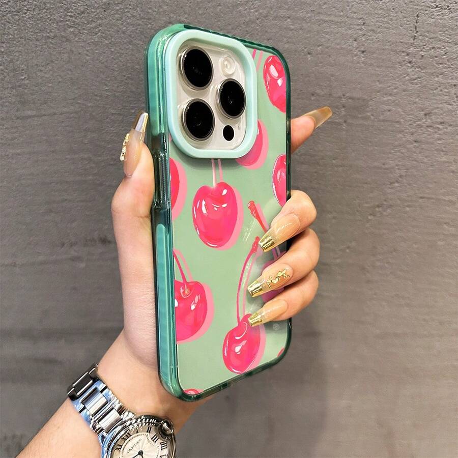 Cherry Phone Case, Pop Art Style, For Compatible With IPhone 17/17pro/17promax/17Air/Iphone16/16pro/16plus/16promax/15/15promax/15pro/11/12/13/14promax/12mini/13mini/11pro/11promax/12pro/12promax/13pro/13promax/14pro/14promax, Summer Fruit Treat Gift, Vibrant Sweet Icon Present - 綠色 - 查看 1