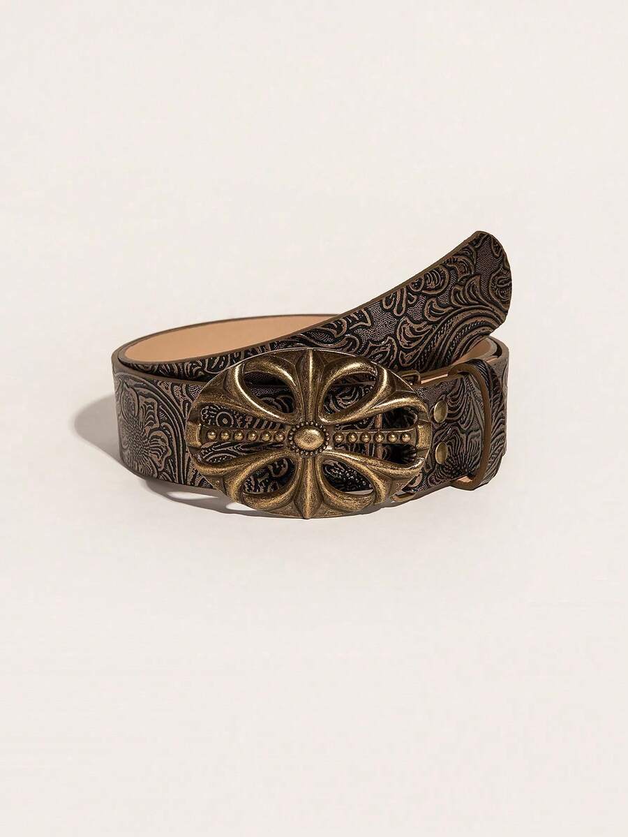 1pc Vintage Floral Embossed Western Cowgirl Style Belt For Women Halloween Summer, School Fall, Autumn, Halloween - màu nâu - Xem 1