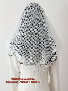 新款热销女士三角披肩，网纱、亮片和蕾丝饰边——多功能头巾围巾，浪漫透气，纯色，宽松版型 - 大尺寸版白色 - 查看 11