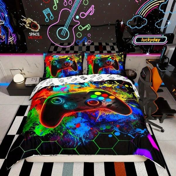 2/3 Pcs Gamer Colorful Duvet Cover Set, Honeycomb Gaming Bedding Set, Game Controller Comforter Cover, Room Decor Bedding With 1/2 Pillowcase Zipper, All Seasons, Festival Holiday Gifts Decoration