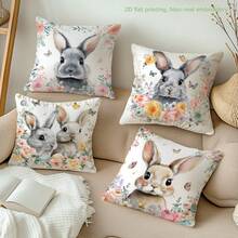 MEMNUN 4件套复活节花卉边框兔子印花涤纶装饰抱枕套【不含枕芯】，尺寸：17.7*17.7英寸（45*45厘米）/19.69*19.69英寸（50*50厘米）/15.75*15.75英寸（40*40厘米），【单面印花】花卉蝴蝶复活节春季主题抱枕套，适用于沙发、床、客厅、卧室、汽车、办公室、酒店装饰，是馈赠亲友的完美礼物，复活节家居纺织品装饰 - 彩色 - 查看 1