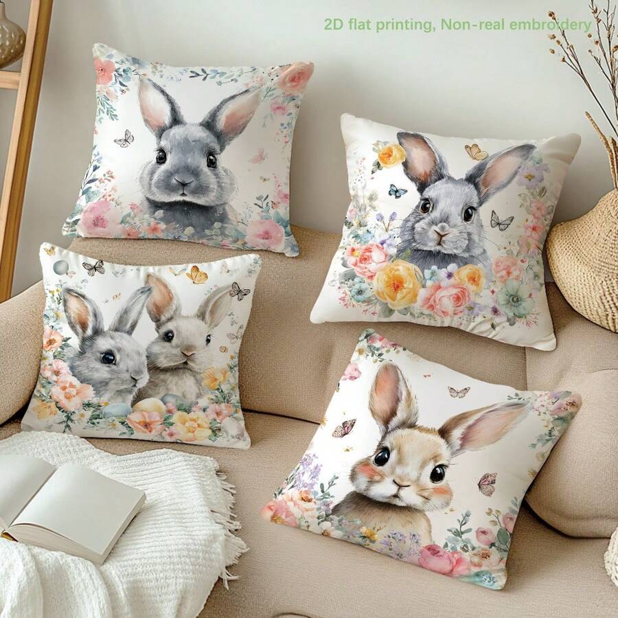 MEMNUN 4件套复活节花卉边框兔子印花涤纶装饰抱枕套【不含枕芯】，尺寸：17.7*17.7英寸（45*45厘米）/19.69*19.69英寸（50*50厘米）/15.75*15.75英寸（40*40厘米），【单面印花】花卉蝴蝶复活节春季主题抱枕套，适用于沙发、床、客厅、卧室、汽车、办公室、酒店装饰，是馈赠亲友的完美礼物，复活节家居纺织品装饰 - 彩色 - 查看 1