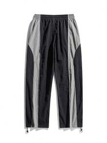 Striped Patchwork Contrast Color Sports Pants For Men, Spring Autumn Drawstring Waist Loose Straight Leg Trousers With Star & Letter Print, Suitable For Gym Workout, Running, Outdoor, Casual, Streetwear - Black - View 2