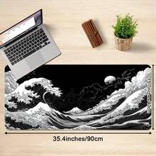 Tapete de Mouse para Jogos com Padrão de Onda Estilo Japonês, Impresso com o Design Vibrante da Grande Onda de Kanagawa de Hokusai em Azul e Vermelho. - Protetor de Mesa com Padrão Preto e Branco - Com Bordas Costuradas com Precisão e Base de Borracha Antiderrapante, Disponível em Vários Tamanhos: 15,7*35,4 Polegadas (40*90 Cm). - B - Visão 4