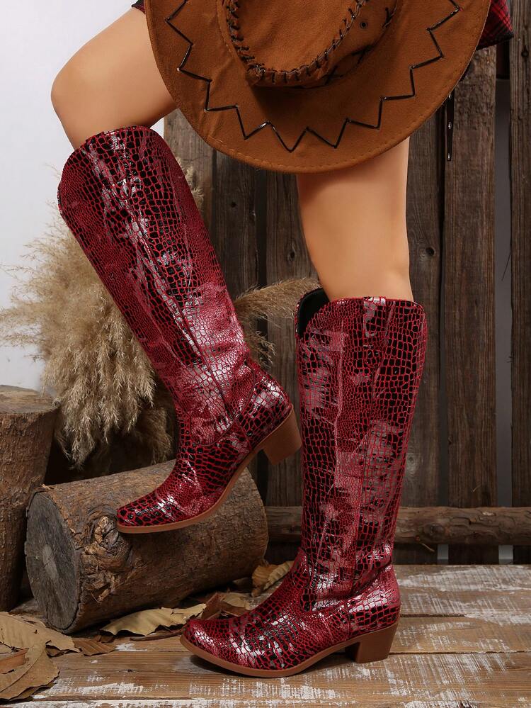 2026 New Spring/Autumn Vintage Embroidered Boots Women Thick Heel Cowboy High Shaft Western Boots - Red - View 4