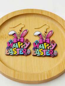 1 Pair Fashion Creative Easter Happy Rabbit Earrings | Letter Print Rabbit Drop Earrings, Acrylic With Alloy Ear Needle, Suitable For Daily And Festive Occasions - Multicolor - View 1