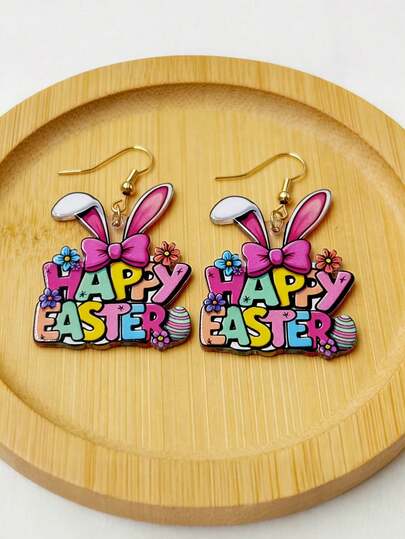 1 Pair Fashion Creative Easter Happy Rabbit Earrings | Letter Print Rabbit Drop Earrings, Acrylic With Alloy Ear Needle, Suitable For Daily And Festive Occasions