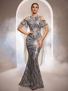 女士圆领亮片网纱拼接紧身长裙 - 銀色 - 查看 6