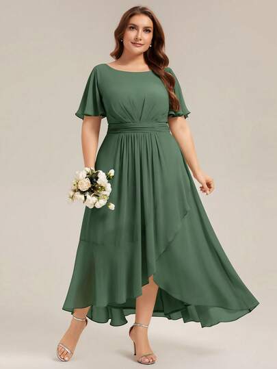 Plus Size Elegant Chiffon Ruffle Sleeve Forest Green Bridesmaid Dress With Asymmetrical Hem Spring Summer Wedding Guest Dress For Party And Holiday